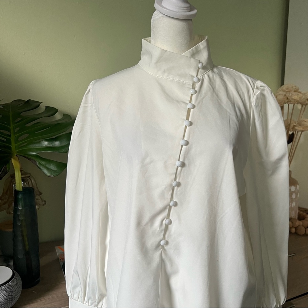 Off-White High Mock-Neck Long Sleeve Modest Asymmetrical Button Dow Shirt Blouse - Picture 8 of 16